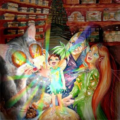 Image of Fairy Bels with King Krel, Queen Shemma, and Greybold, the brave baby possum, where they found the magic bracelet in the crypt of secrets