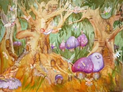 A forest image of the Royal Kingdom of Fairy Green. Fairies are everywhere amongst the trees where their little stairs lead to doorways and balconies. Mauve and purple toadstools, scattered amongst the grass are fairy homes too. A large friendly toad sits on top of one as he watches the fairies fluttering through the green foliage of grasses and leaves above him.