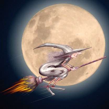 An image of the Stinky Witch soaring past the moon on her broom. This painting shows an 'after burner' of flames licking out behind the straw of her broom.