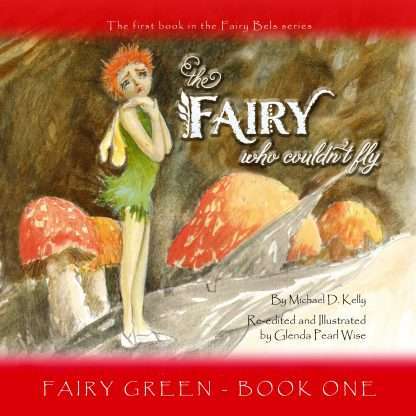 A poor little fairy with withered wings and no name. She is standing on a gum leaf on the ground amongst red toadstools. She has a sad face because she is lost and can't fly.