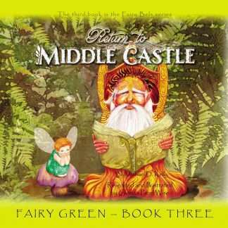 An image of Fairy Bels sitting on a toadstool next to Naj the Recorder, an elf, so old that he had grown into his chair. He is responsible for writing down everything to do with Fairy Green, as well as all the earth children's dreams. They are in amongst a ferny glade.