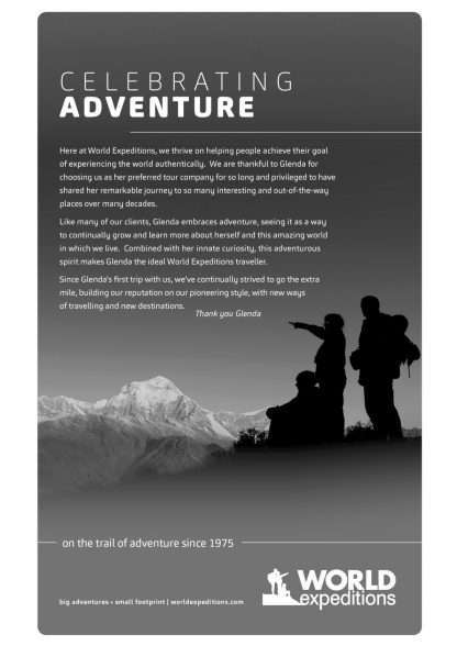 The World Expeditions organisation thank Glenda for celebrating adventure with them