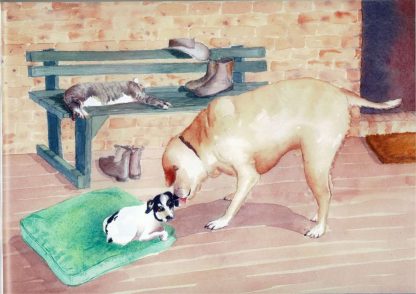 An illustration of Monty the Mutt being welcomed by William Labrador as the farm cat sleeps stretched out on a bench in the sun.