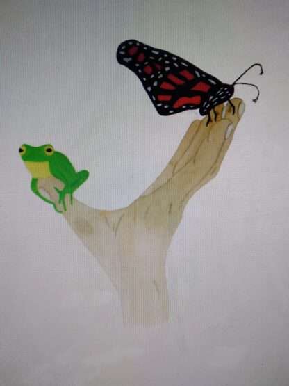 hand with monarch butterfly perched on fingers and green frog perched on thumb